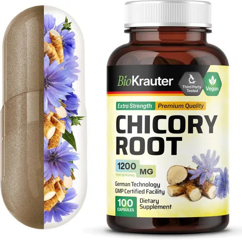 BIO KRAUTER® Raíz de achicoria para apoyo intestinal y digestivo, prebióticos veganos puros y suplemento de fibra en cápsulas de 1200 mg por