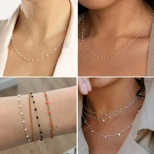 Miniatura 5 de Cadenas de esmalte dorado de 33 pies a granel, 2 mm, chapadas en oro de 18 quilates con PVD, acero inoxidable 304, cadena de eslabones con cuentas