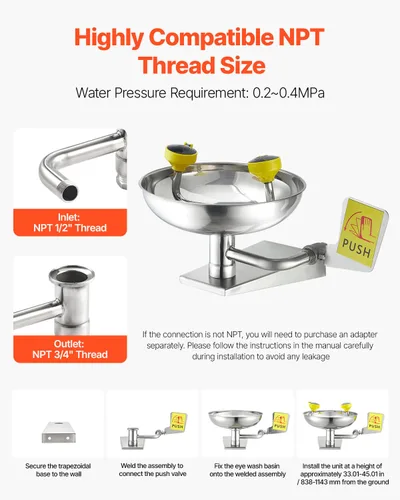 Miniatura 6 de VEVOR Estación de lavado de ojos de emergencia, unidad de lavado de ojos montada en pared de acero inoxidable, lavabo de primeros auxilios para ojos