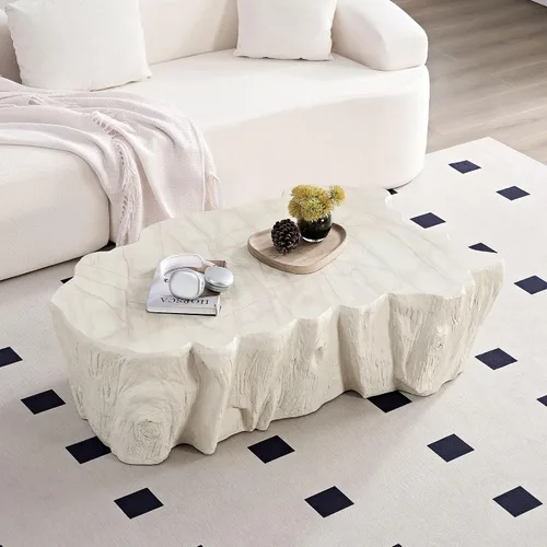 Miniatura 36 de Ø35.43'' Mesa de café redonda para sala de estar, moderna mesa de café en forma de tambor, material de fibra de vidrio, sin ensamblaje, beige