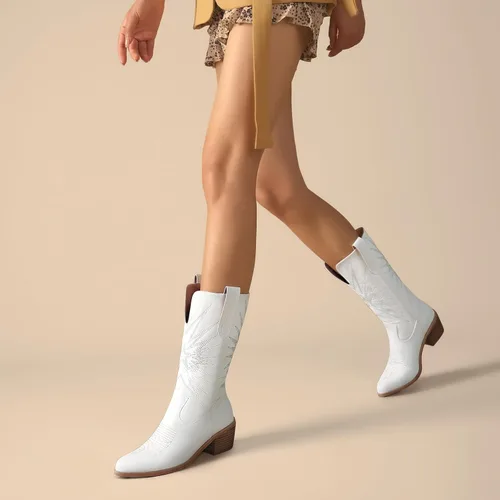 Miniatura 6 de olomisa Botas vaqueras para mujer, botas metálicas bordadas con punta puntiaguda, tacón grueso, botas vaqueras de media pantorrilla