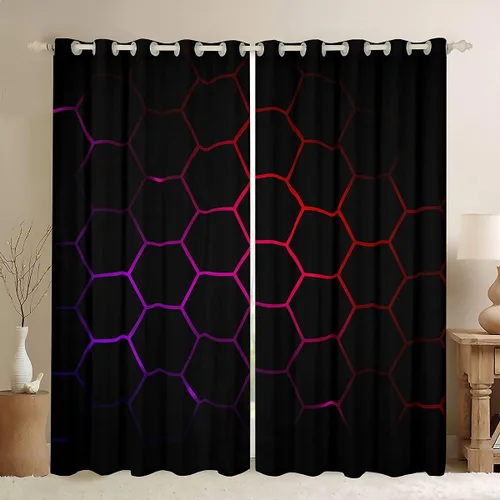 Miniatura 31 de Feelyou - Cortinas de ventana en forma de panal, tema geométrico hexagonal con luces de neón verdes, para chicos adolescentes y hombres, elegante