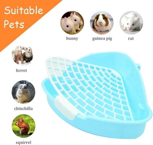 Miniatura 4 de Hamiledyi Caja de arena pequeña para conejo para jaula triangular, entrenador de orinal de esquina, conejo, inodoro, bandeja de plástico para Azul