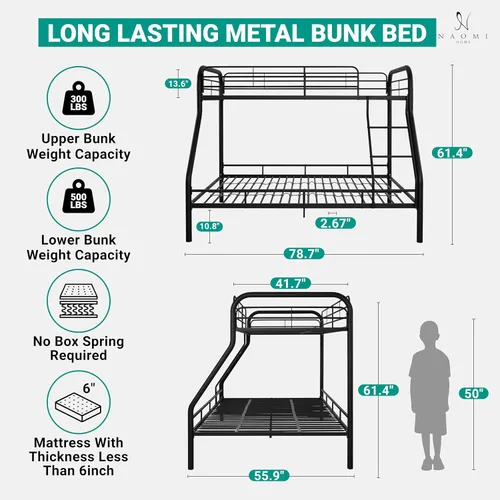 Miniatura 2 de Naomi Home Litera de metal individual sobre tamaño matrimonial con barandillas de seguridad, capacidad de 800 libras, escalera en ángulo, Negro