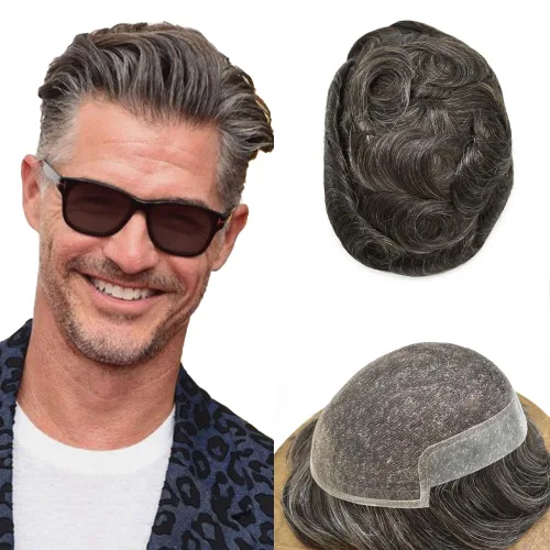 Miniatura 28 de Tupé para hombre, cabello humano real, suave encaje suizo frontal, tupé para hombres, sistema de cabello, extensiones capilar para hombre