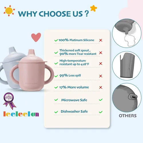 Miniatura 7 de Leeleelon® Vaso de silicona para bebés de 6 meses en adelante, 6 onzas, 100% a prueba de fugas para bebé con asas, silicona platino (azul Cambridge)