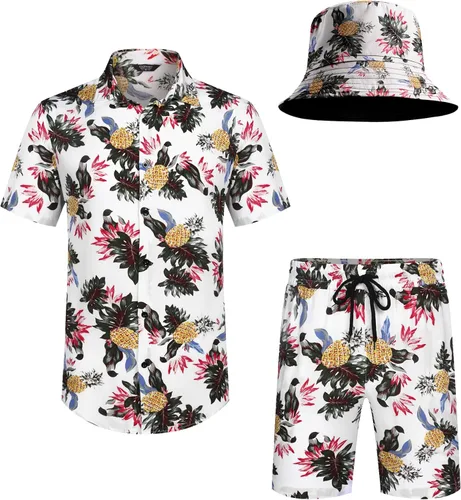 Miniatura 5 de COOFANDY Conjunto de camisa hawaiana y pantalón corto para hombre, traje de playa de 2 piezas con sombreros de pescador