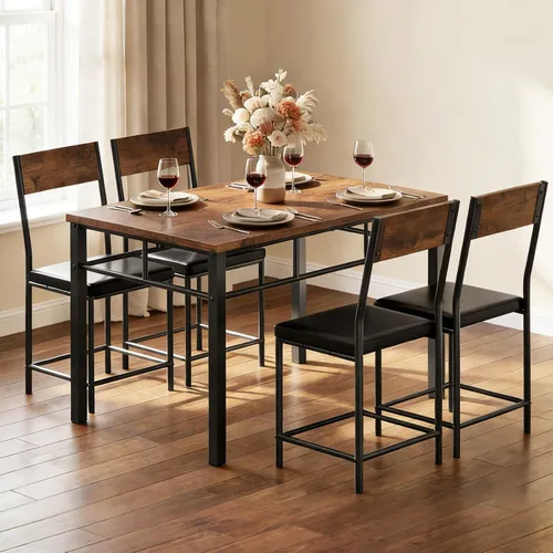 Miniatura 9 de Juego de mesa de comedor para 4, juego de mesa de cocina y sillas de 5 piezas, mesa de comedor rectangular de madera con marco de metal y tablero