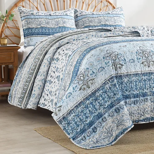 Miniatura 7 de HORIMOTE HOME Juego de edredón bohemio tamaño individual, color azul, bohemio, floral, suave, ligero, para todas las estaciones, colcha de granja