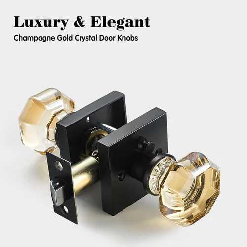 Miniatura 2 de Pomo de puerta de cristal dorado champán con roseta cuadrada negra mate – Elegante juego de manijas octogonales de privacidad para dormitorio, baño