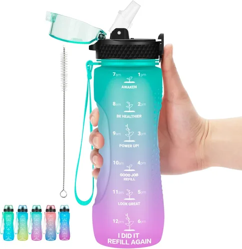 Miniatura 11 de Botella de agua motivacional para niños de 24 onzas con marcador de tiempo, tapa de pajilla, a prueba de fugas, botella de agua deportiva Tritan sin