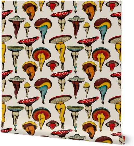 Despegar y pegar papel tapiz Swatch - Botín de hongos vintage lindo Cottagecore colorido retro personalizado papel pintado extraíble por Spoonflower