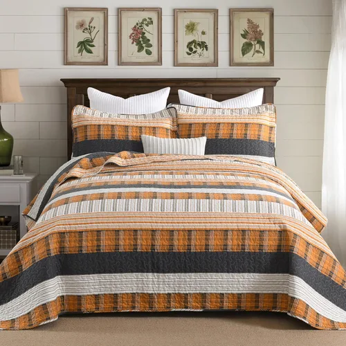 Miniatura 24 de Homzard - Juego de ropa de cama de algodón, tamaño Queen, color amarillo, negro y gris a rayas, ligero, de estilo rústico, para todas las 01-2
