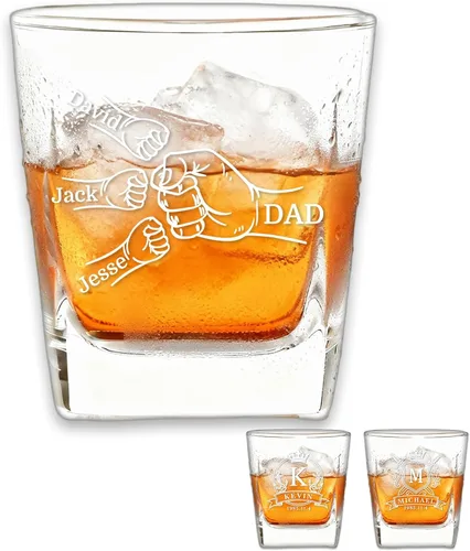 Custom Fist Bump Square Rocks Whiskey Glass - Personalized Dad Gift for Men Husband Grandpa Papa - Engraved Bourbon Etched Scotch Glass, Dad of Kids