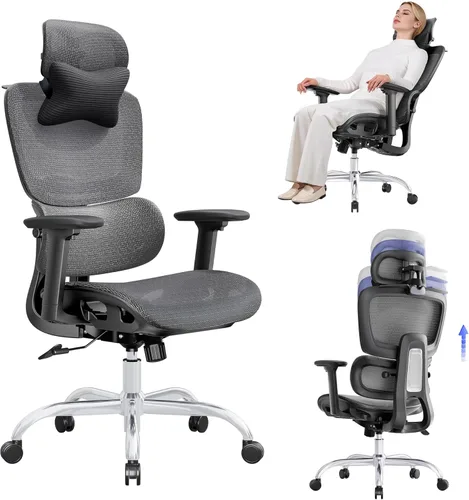 Miniatura 11 de Silla de oficina con reposapiés, silla ergonómica con almohada para el cuello y ruedas de goma, silla de computadora con respaldo ajustable y Negro