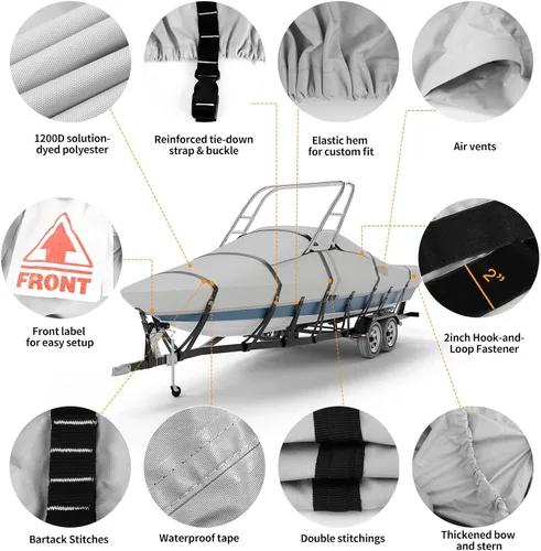 Miniatura 9 de Cubierta para Barco de Torre de Esquí y Wakeboard 900D 100% Impermeable, Resistente a Desgarros, Remolcable de Tamaño Completo para Barcos con Gris
