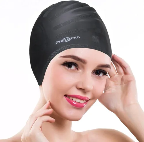 Miniatura 2 de PHELRENA Gorro de natación impermeable de silicona de alta calidad, orejeras de pelo largo, flexible y reversible para adultos, niños, mujeres
