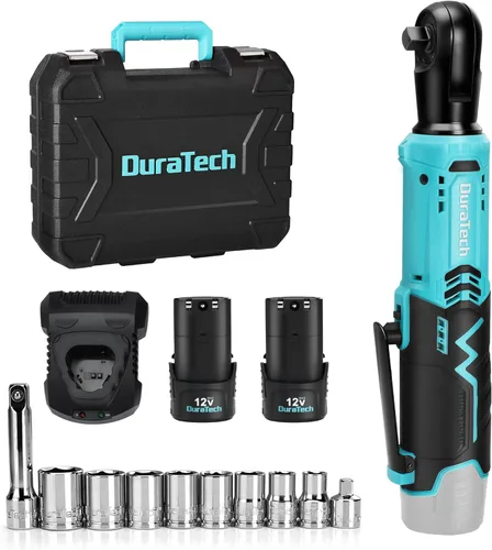 DURATECH Juego de llaves de trinquete eléctricas inalámbricas, 48 pies-libras, 3/8 pulgadas, 12 V, llave de trinquete eléctrica con 2 baterías de