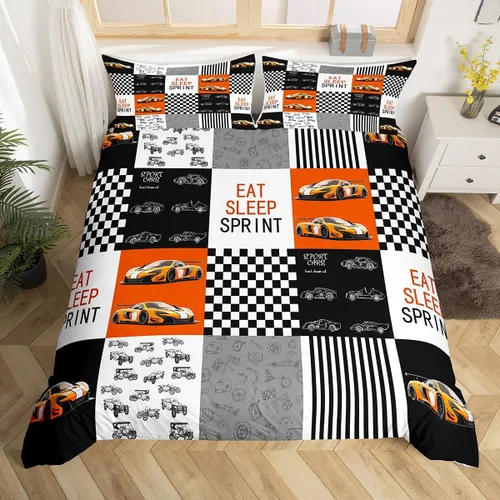 Miniatura 35 de Feelyou Race Car Duvet Cover Twin Size Boys Girls Speed Sports Car Bedding Set Breathable Soft Racing Comforter Cover 2Pcs Black White Checked