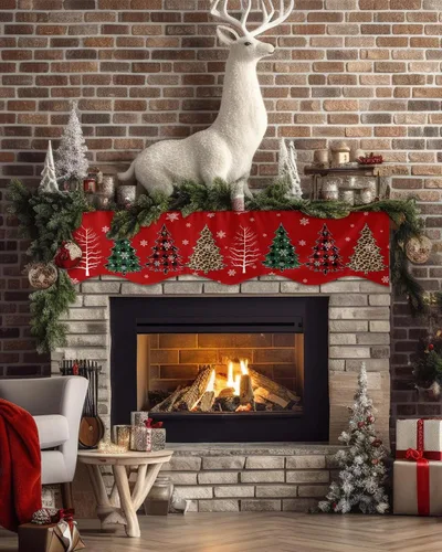 Miniatura 2 de Bufanda de Navidad para chimenea, diseño de árbol de Navidad, mantel de Navidad, mantel superior, bufandas con copos de nieve, cubierta de mantel