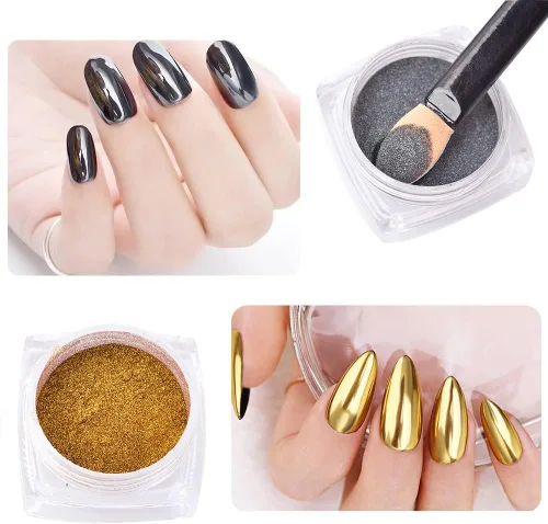 Miniatura 8 de Polvo cromado metálico – 2 tarros de uñas espejo efecto purpurina pigmento polvo oro plata para puntas de manicura con aplicadores de esponja Polvo