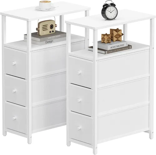 Miniatura 22 de TUTOTAK - Mesa auxiliar pequeña y estrecha con estación de carga; mesa de lado con tomas de corriente; mesita de noche con 2 cajones de tela; mesa