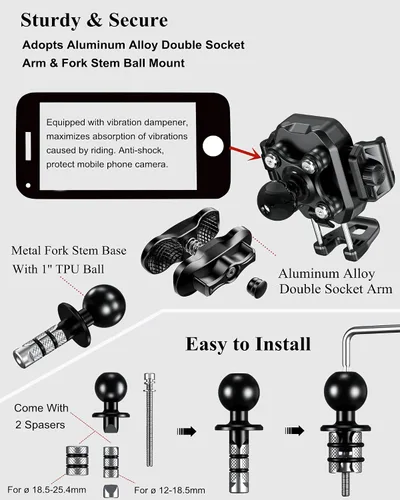 Miniatura 7 de BRCOVAN Soporte antirrobo para teléfono de horquilla para motocicleta con amortiguador de vibraciones [bloqueo 1s] [apto para cámara]