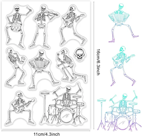 Miniatura 2 de CRASPIRE Sellos de goma transparentes de calavera musical y esqueleto de Halloween, sellos de silicona transparentes para hacer tarjetas, palabras