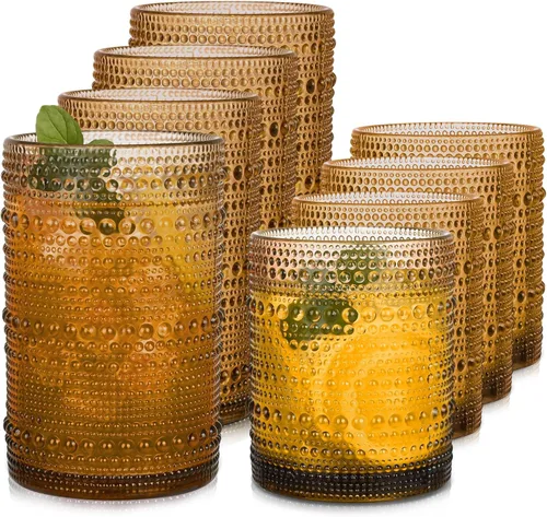 Juego de 8 vasos para beber ámbar Hobnail de 15 onzas y vasos de cóctel de 12 onzas, vasos de cocina para cóctel, café helado, cerveza, té helado,