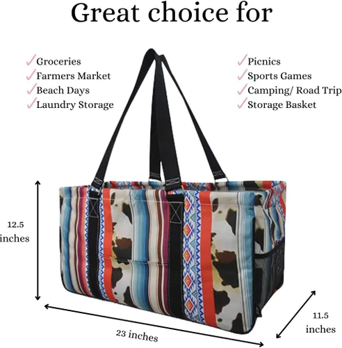 Miniatura 475 de NGIL Bolsa de comestibles reutilizable extra grande plegable de gran tamaño para comestibles, almacenamiento, picnic, playa, Bronco-negro occidental
