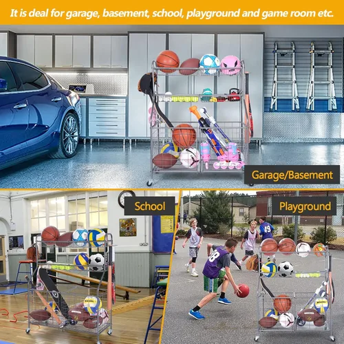 Miniatura 2 de Kinghouse Organizador de equipo deportivo con ruedas, estante de almacenamiento de pelota de garaje para baloncesto, juguetes, para garaje