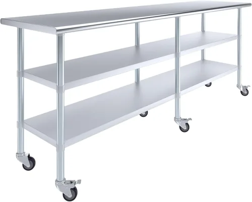 Miniatura 11 de AmGood Mesa de trabajo de acero inoxidable con 2 estantes y ruedas Mesa de trabajo de metal con ruedas