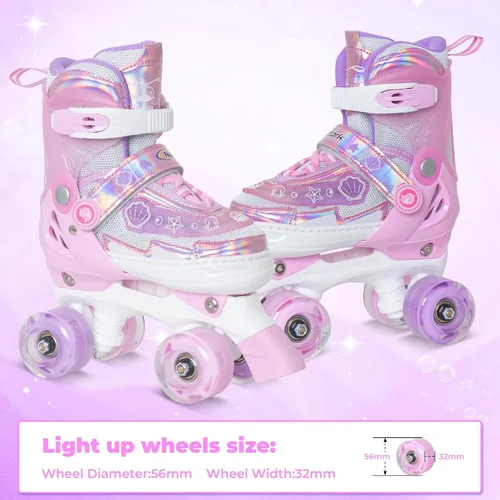Miniatura 6 de MammyGol Patines de Ruedas para Niñas Niños, 4 Tamaños Ajustables Patines Cuádruples para Niños Pequeños Interiores Exteriores Edades 3-8, Rosa Azul