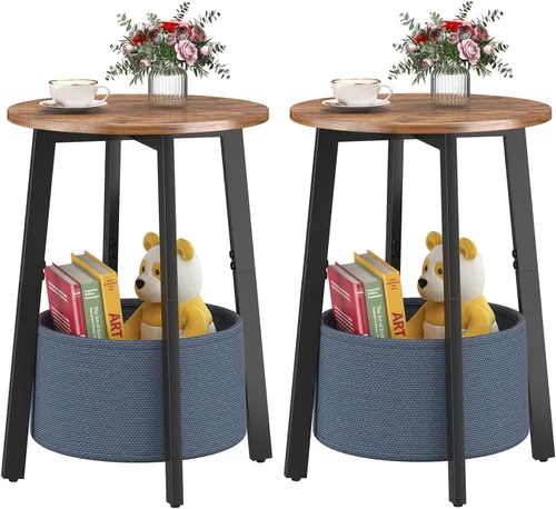 Miniatura 14 de sthmec Mesa auxiliar pequeña redonda con cesta de almacenamiento de tela, mesa de centro redonda con marco de metal para sofás de cama, mesas