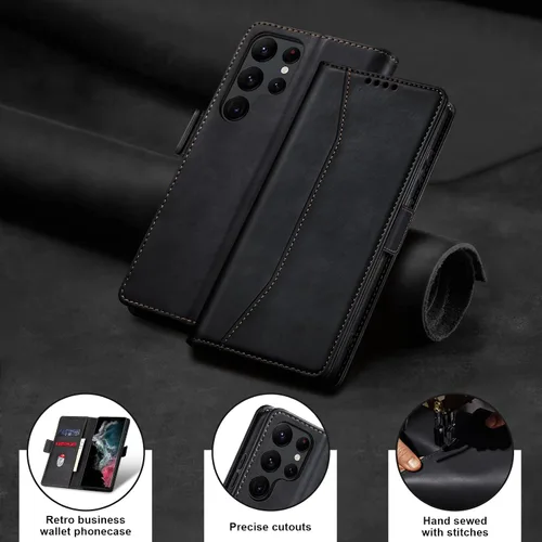 Miniatura 7 de Jasonyu Funda tipo cartera con tapa para Samsung Galaxy S22 Ultra 5G, funda magnética de cuero con tarjetero, función atril, funda protectora Negro