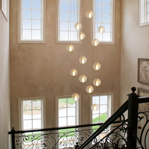 Miniatura 3 de Lámpara de escalera de 14 luces para techo alto, lámpara colgante de gota de lluvia de cristal moderno ajustable larga y grande para escaleras, sala