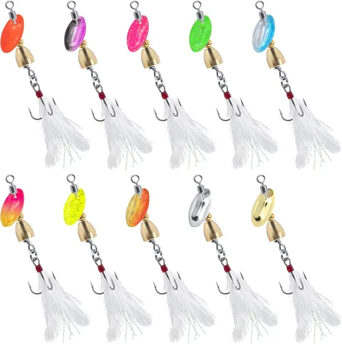 Miniatura 12 de Dr.Fish Paquete de 10 señuelos giratorios de pesca en línea con un solo gancho para trucha, spinnerbait, kits de señuelos Bass Crappie Salmón Kit