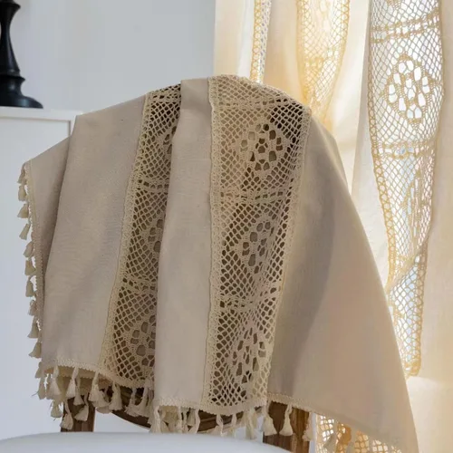 Miniatura 50 de Deeprove Cortinas bohemias para dormitorio, rayas huecas de ganchillo crema y estampado floral, tela de lino de algodón, con borlas beige bohemias