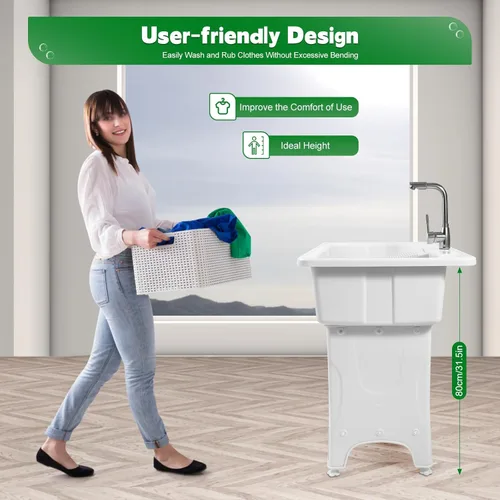 Miniatura 6 de Fregadero de Lavandería de Plástico Independiente con Tabla de Lavadero, Fregadero Utilitario para Interiores y Exteriores con Grifo de Agua Fría