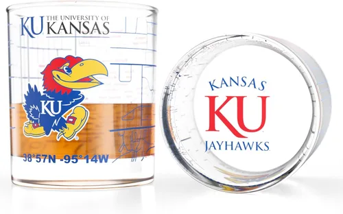 Greenline Goods Vasos de whisky de la Universidad de Kansas Jayhawks College (juego de 2), 10 onzas - Logotipo a todo color + mapa del campus