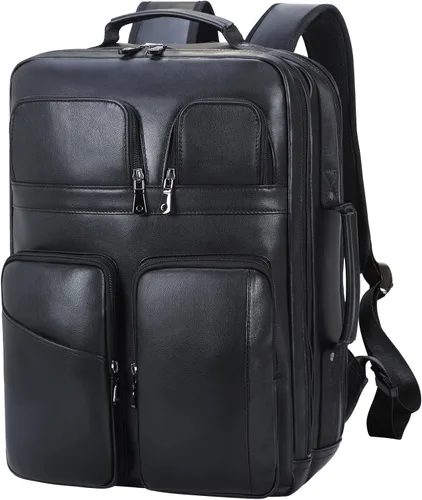TIDING Mochila para portátil de cuero de grano completo de 17.3 pulgadas para hombres, multibolsillos, casual, mochila de viaje de negocios, Negro,