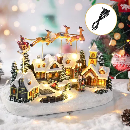 Miniatura 4 de Bdor - Decoración Navideña Iluminada con Música, Diseño de Pueblo Navideño, Figura Coleccionable de Papá Noel y Ciervo, Funciona