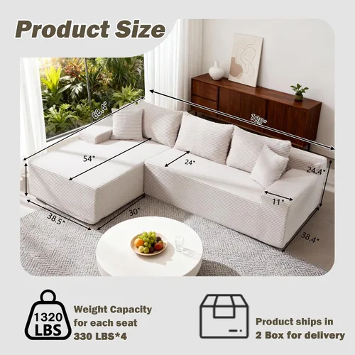 Miniatura 3 de Sofá modular Cloud de 105 pulgadas con diván en forma de L, sofá modular con asiento profundo, cómodo sofá de pana sin hueso para sala de estar