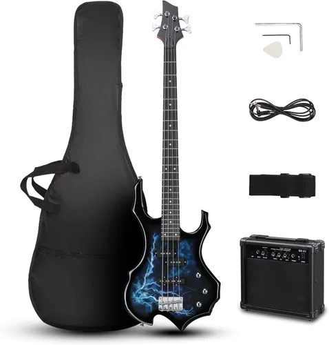 Miniatura 9 de Ktaxon Juego de bajo eléctrico de tamaño completo con diseño de llama con amplificador de 20 W, bolsa de bajo portátil, cable de amplificador Negro