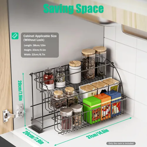 Miniatura 3 de Estante de especias desplegable de 3 niveles, organizador de almacenamiento de cocina de gran capacidad, barandilla elevada y placa de montaje