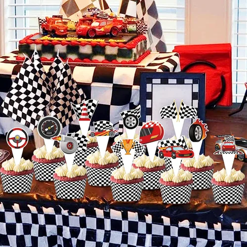 Miniatura 4 de 48 paquetes de toppers y envolturas de cupcakes de coche de carreras, decoración de pastel de fiesta de carreras con temática de carreras y cuadros