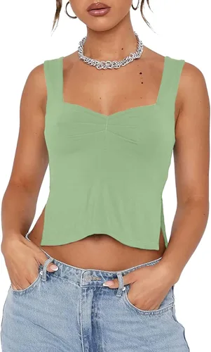Miniatura 4 de GTETKDE Camiseta sin mangas para mujer, sin espalda, ajustada, sexy, plisada, cuello corazón, tirantes, Y2K, con aberturas, chaleco Cami