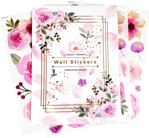 Miniatura 3 de AOWDIAO 60 calcomanías de pared de flores para despegar y pegar, vinilo de acuarela, peonía floral y hojas, calcomanías de pared de flores pastel