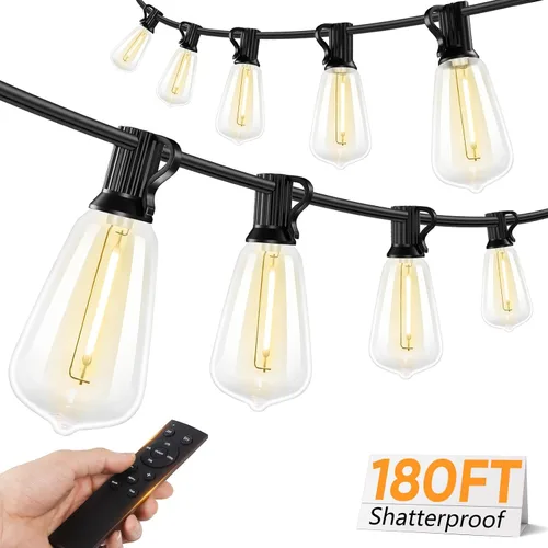 Miniatura 17 de Brightever - Guirnalda de luces de exterior de 50 pies, con control remoto, 16 bombillas Edison vintage ST38 inastillables, 3 modos, 2