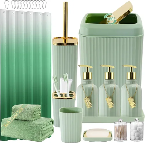 Miniatura 22 de 21PCS Bathroom Sets with Shower Curtain and Rugs Bathroom Accessories Set Beige Bathroom Set Complete with Trash Can, Toilet Brush, Qtip Holder &